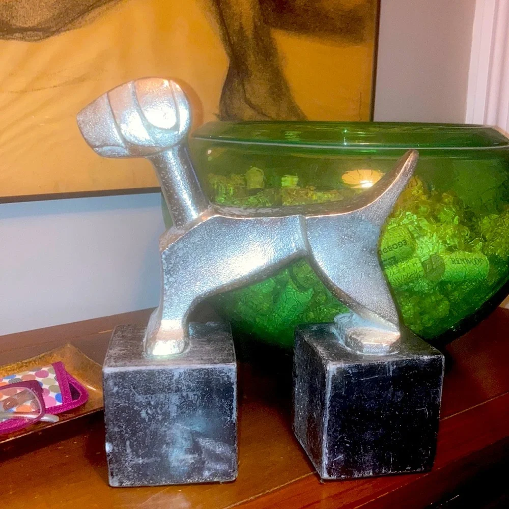 Gorgeous silver MODERN dog decor on black blocks heavy 7 pounds doorstop bookend